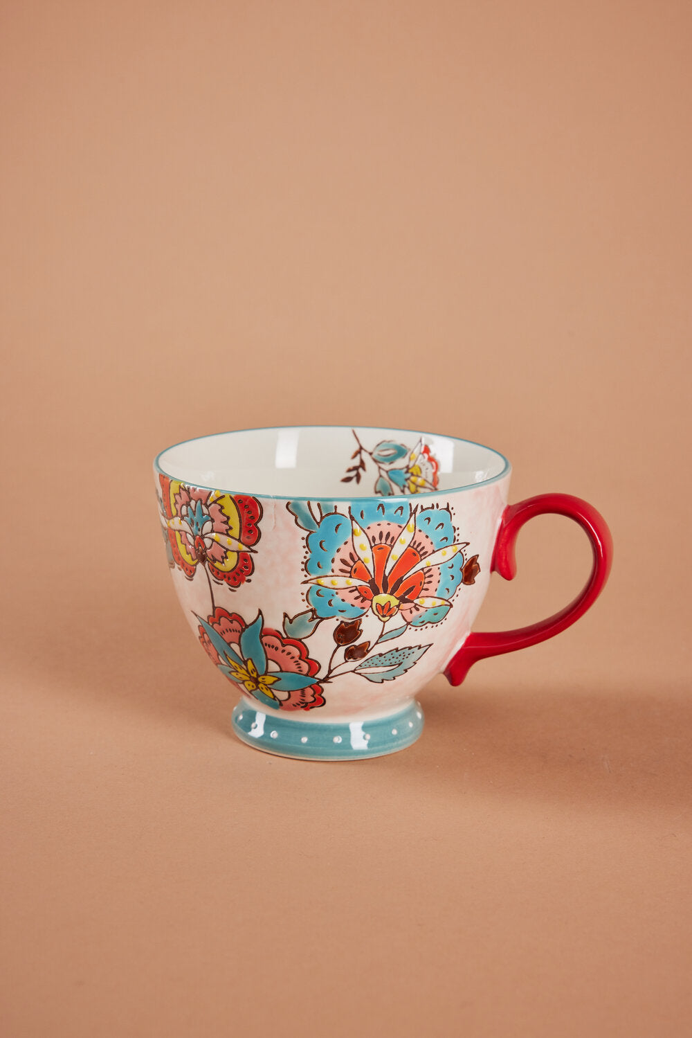 Håndmalet krus med blomster, rød - H9 cm.